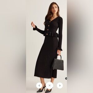 Commence black knit Ruffle Slim Sweater midi Dress Elegant size M NWT